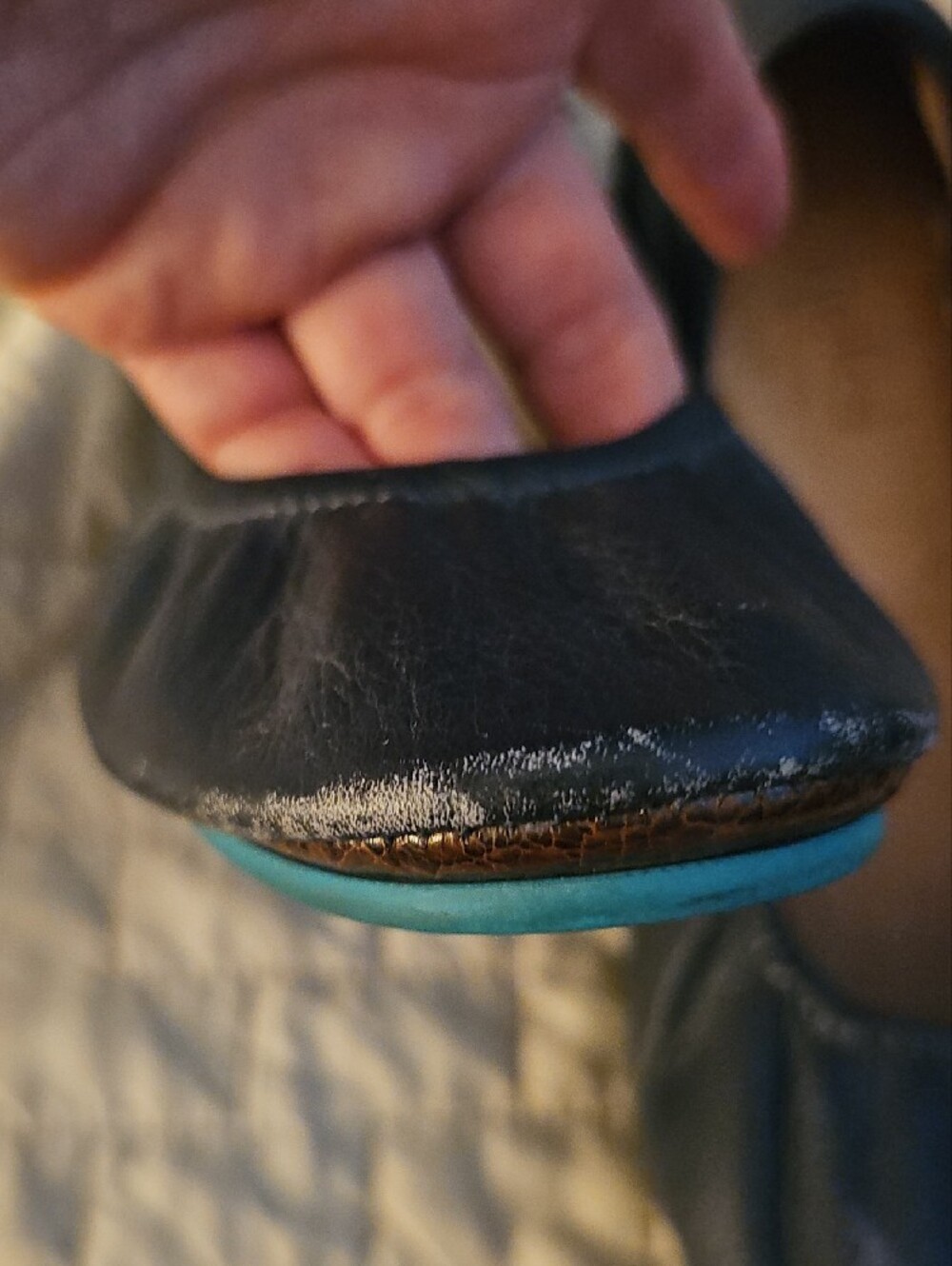 Tieks Navy Blue Leather Ballet Flats with Teal Heel Tab - Picture 2 of 5